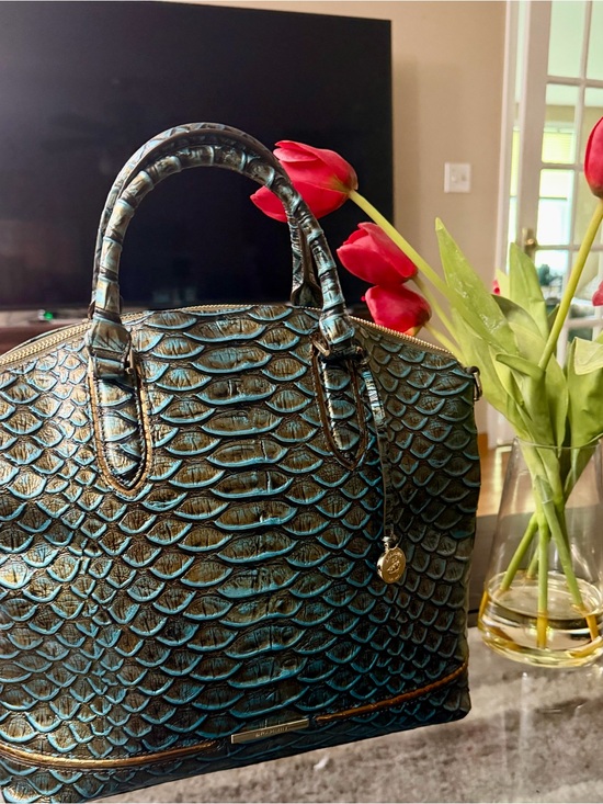 Brahmin Handbags - Brahmin Teal and Black Scale-Embossed Satchel with Gold Charm Accent